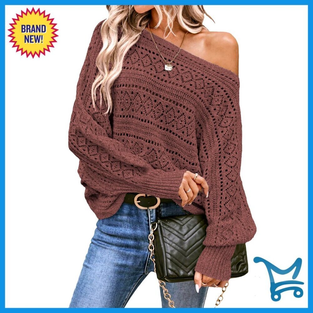 Crochet Boat Neck Long Sleeve Loose Fit Sweater Chunky Knit Y2K Boho
